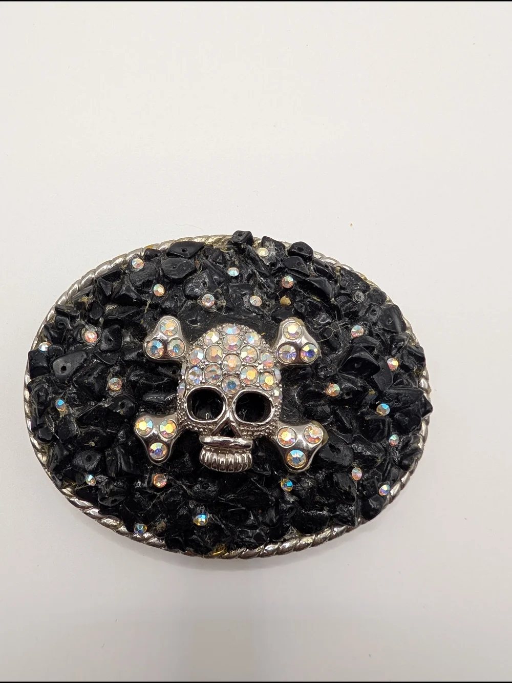 Vintage ATI Skull Crossbones Belt Buckle Black Stone AB Rhinestone Y2K McBling